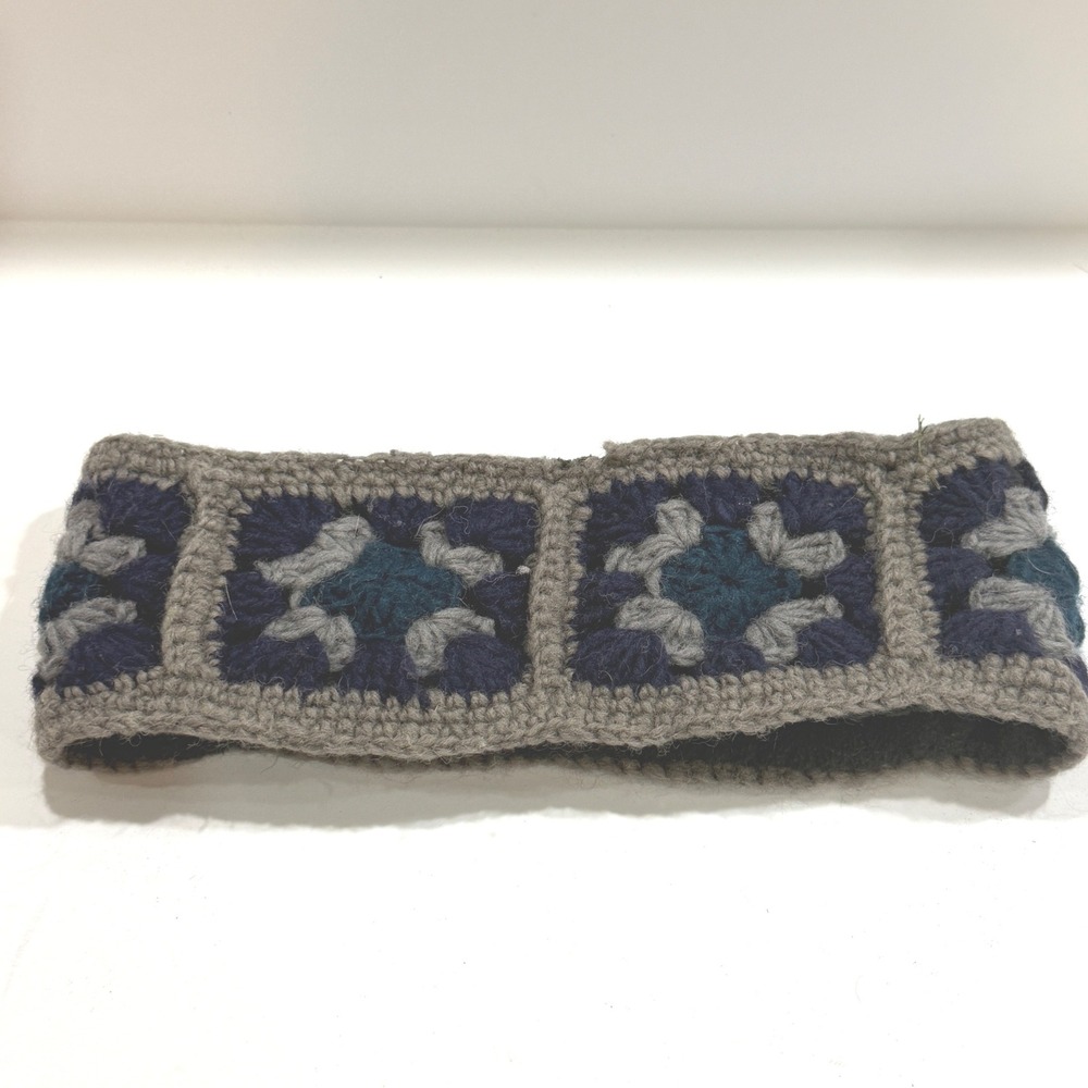 Ganesh Imports Wool Crochet Granny Square Headband Fleece Lined Navy Teal Grey